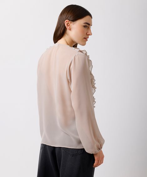 blusa feminina com babados manga longa mindset bege