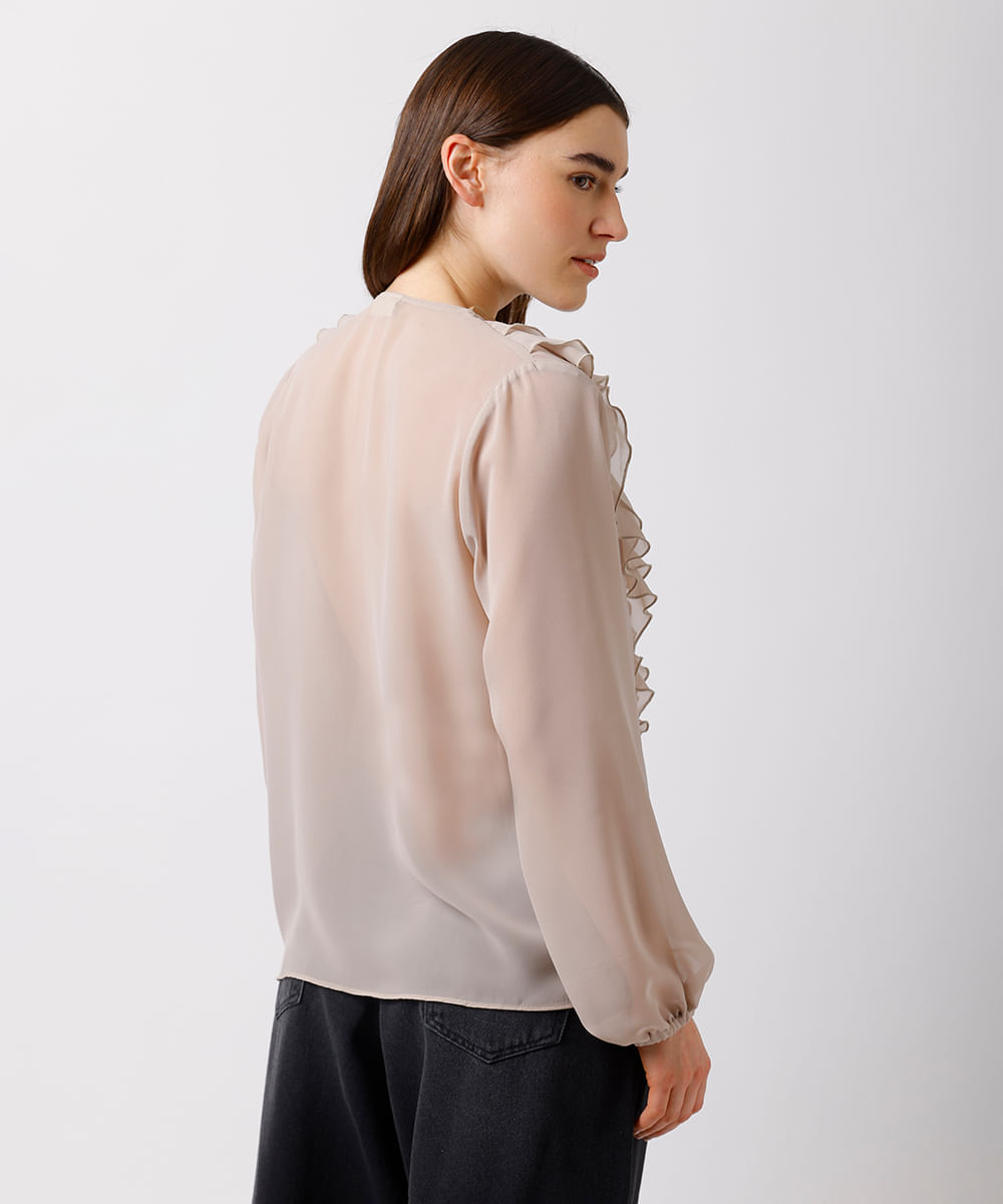 blusa feminina com babados manga longa mindset bege