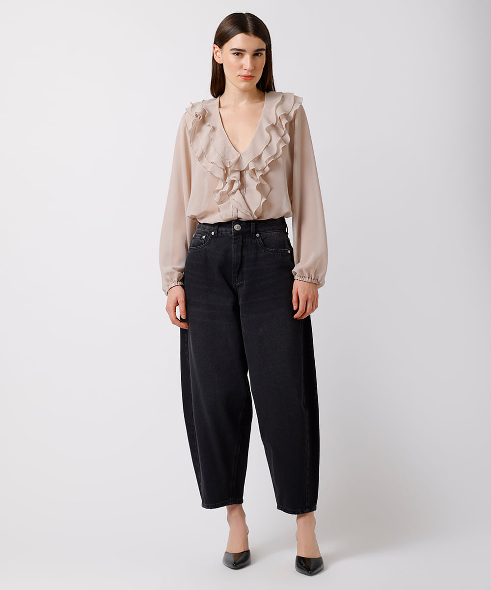 blusa feminina com babados manga longa mindset bege