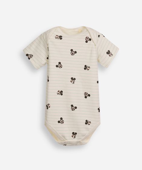 body infantil de algodão manga curta listrado mickey off white