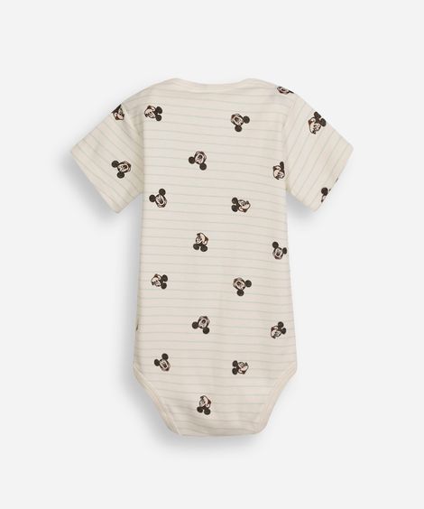 body infantil de algodão manga curta listrado mickey off white