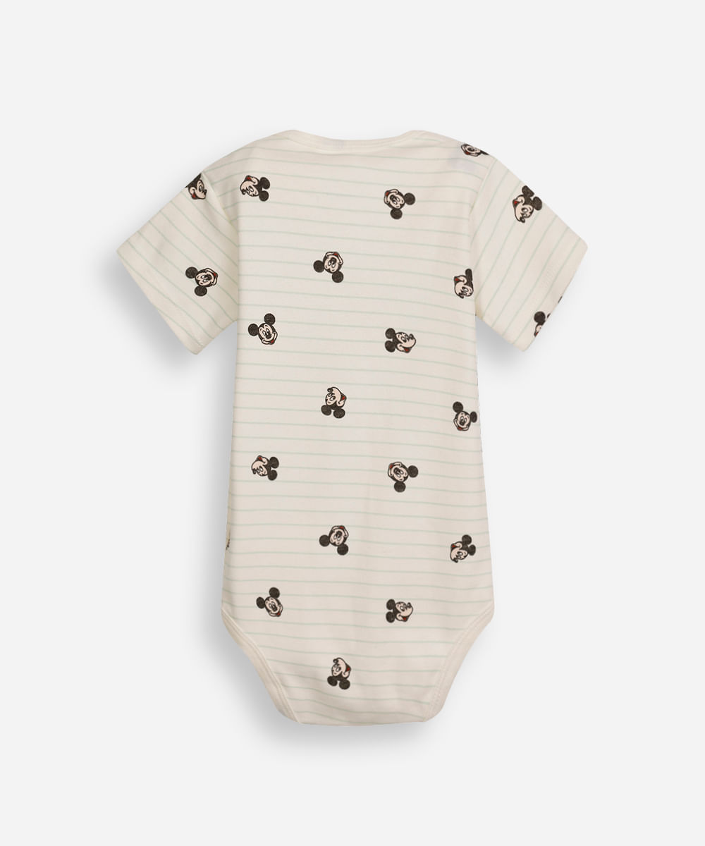 body infantil de algodão manga curta listrado mickey off white