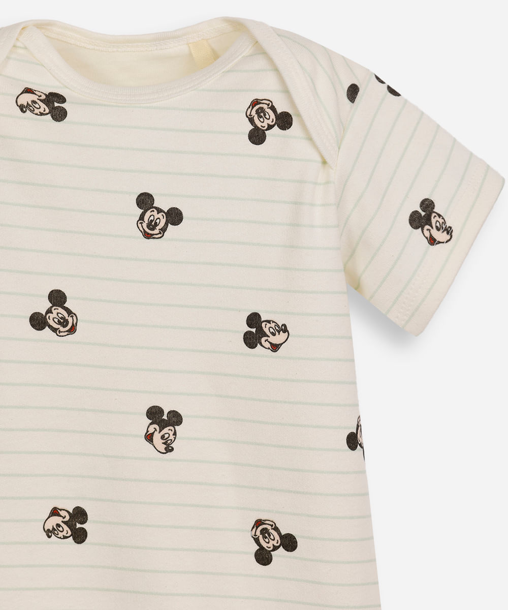 body infantil de algodão manga curta listrado mickey off white