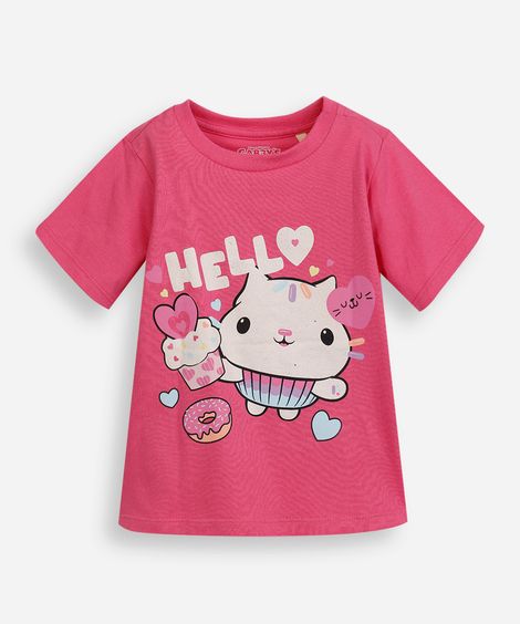 camiseta infantil de algodão gatinho com glitter rosa