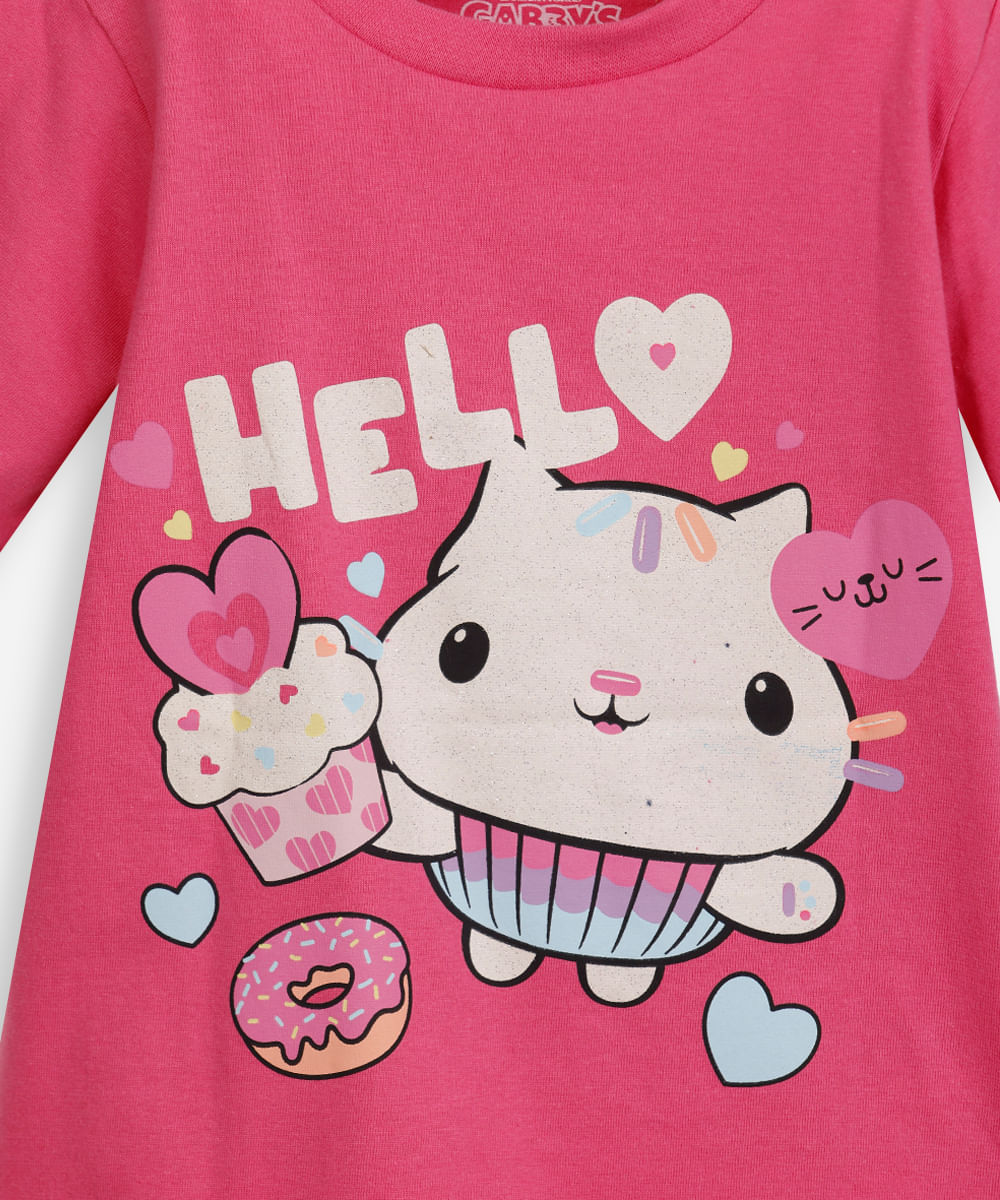 camiseta infantil de algodão gatinho com glitter rosa