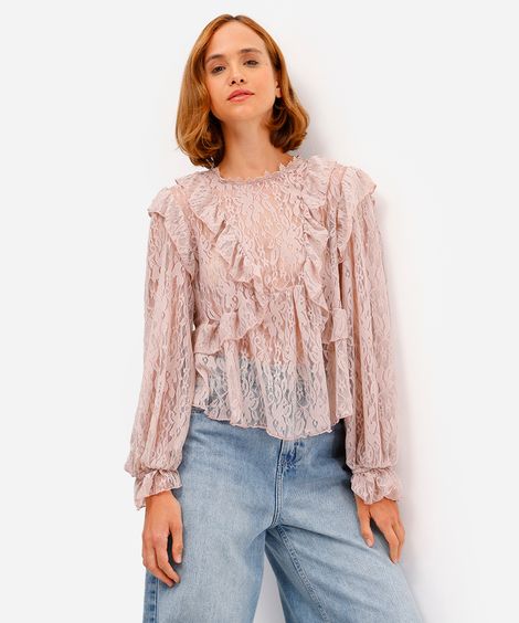 bata feminina de renda com babados floral rosa