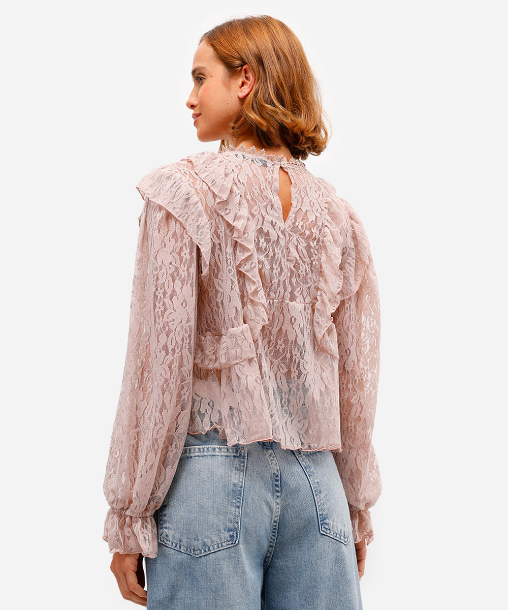 bata feminina de renda com babados floral rosa