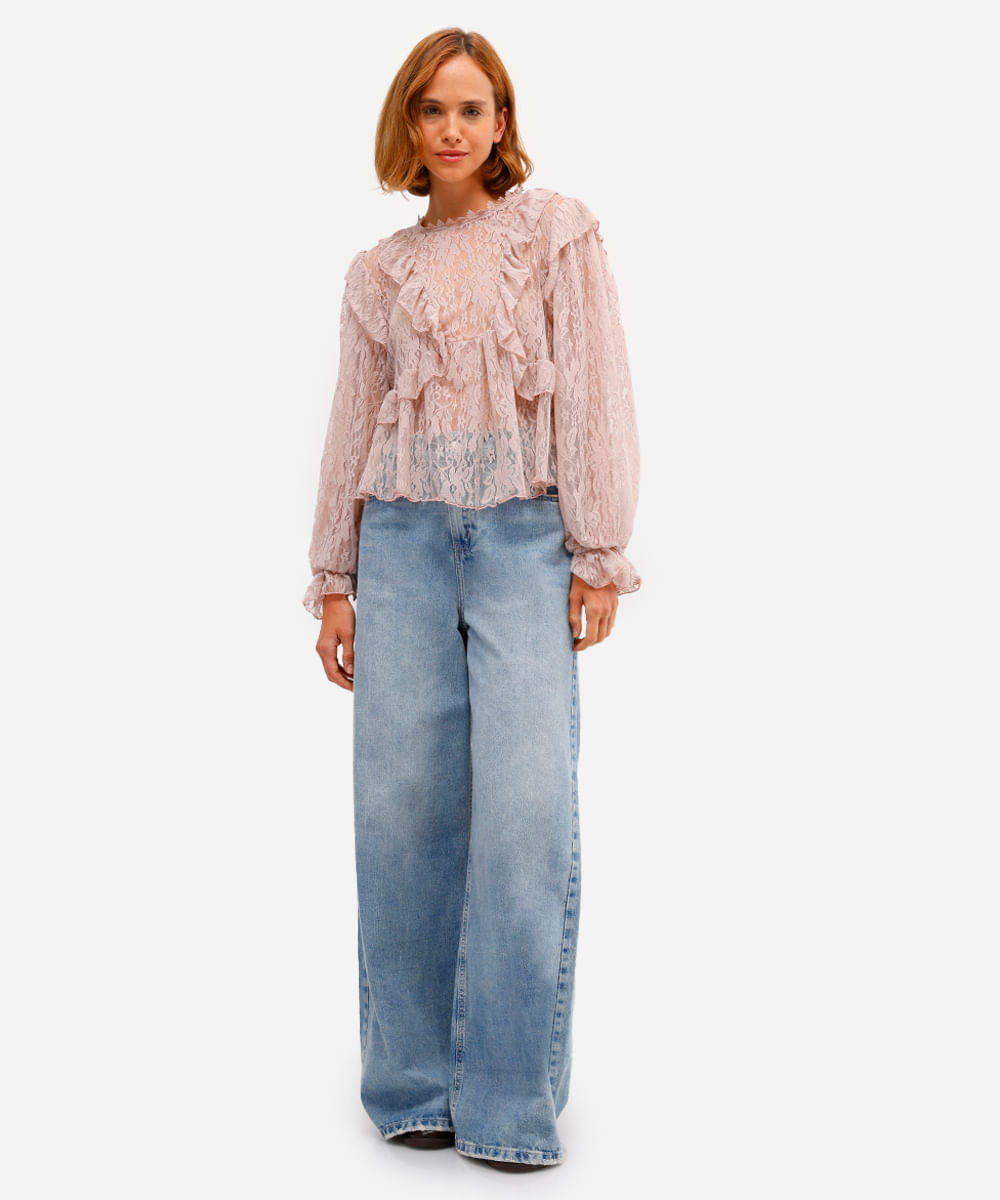 bata feminina de renda com babados floral rosa