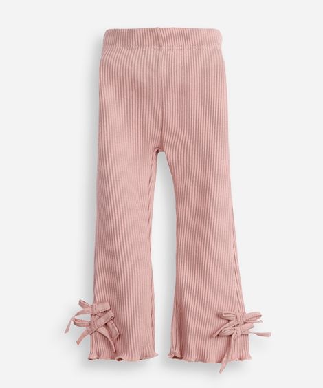calça flare infantil canelada com laços rosa