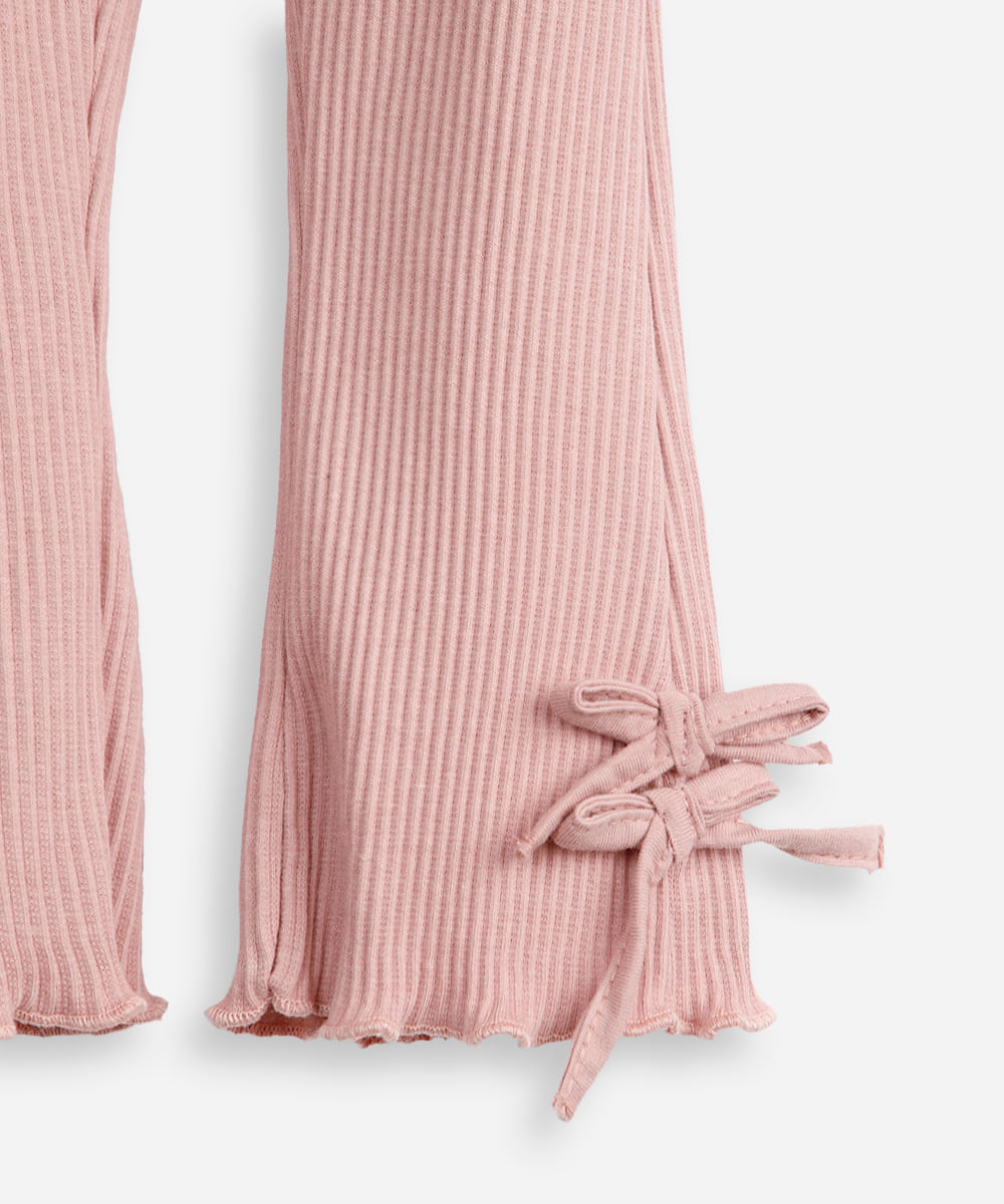 calça flare infantil canelada com laços rosa