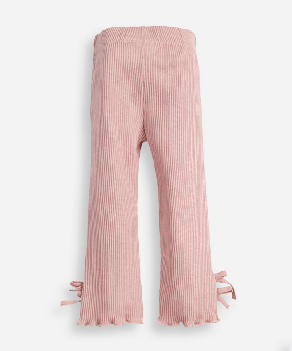 calça flare infantil canelada com laços rosa