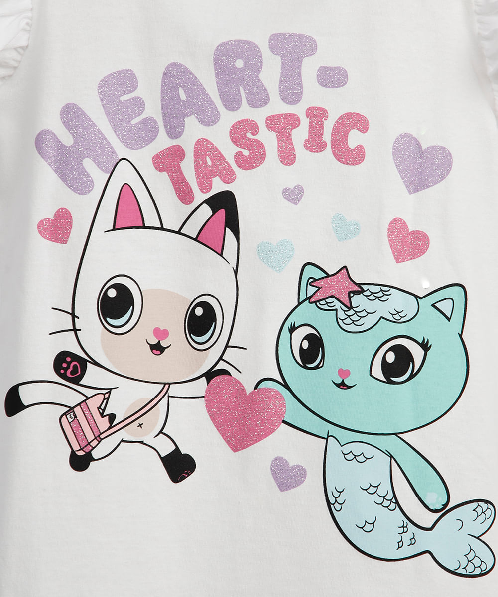 blusa infantil de algodão gatinho e sereia com glitter off white