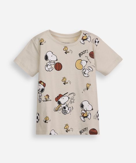camiseta infantil de algodão snoopy bege