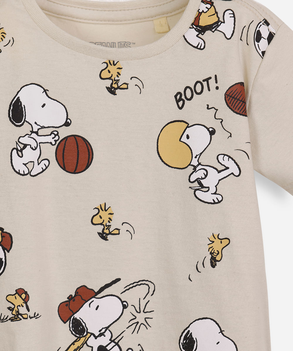 camiseta infantil de algodão snoopy bege