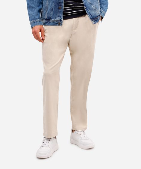 calça reta masculina de sarja com pregas bege