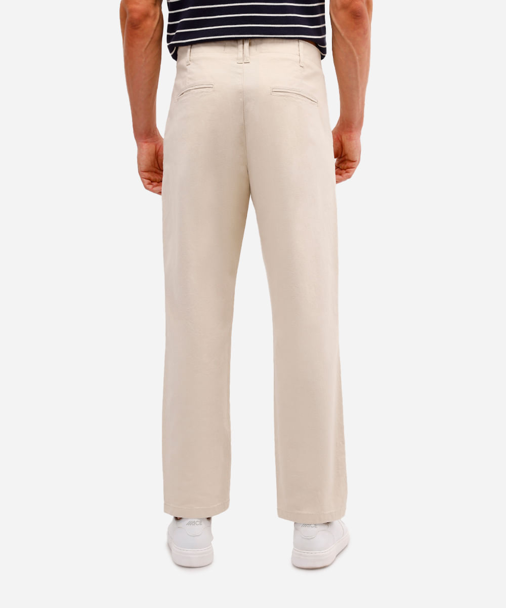 calça reta masculina de sarja com pregas bege