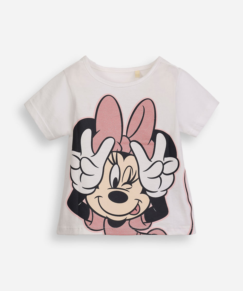 camiseta infantil de algodão minnie com glitter off white