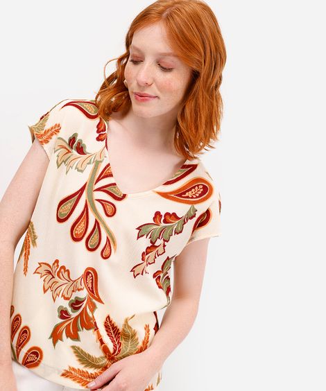 blusa feminina folhagens texturizada bege