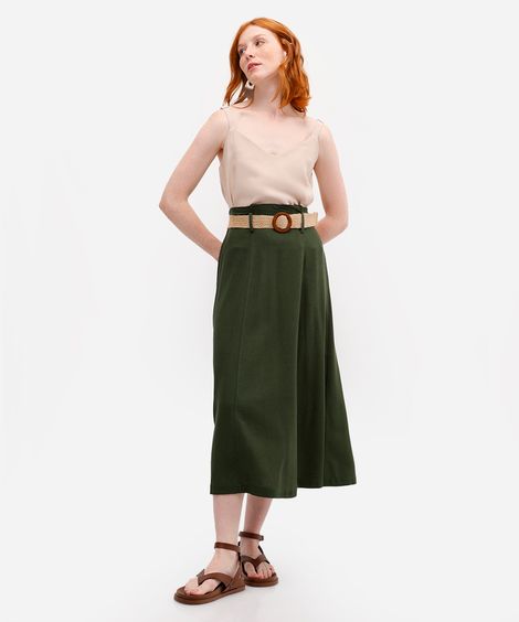 saia midi feminina com linho cintura alta verde