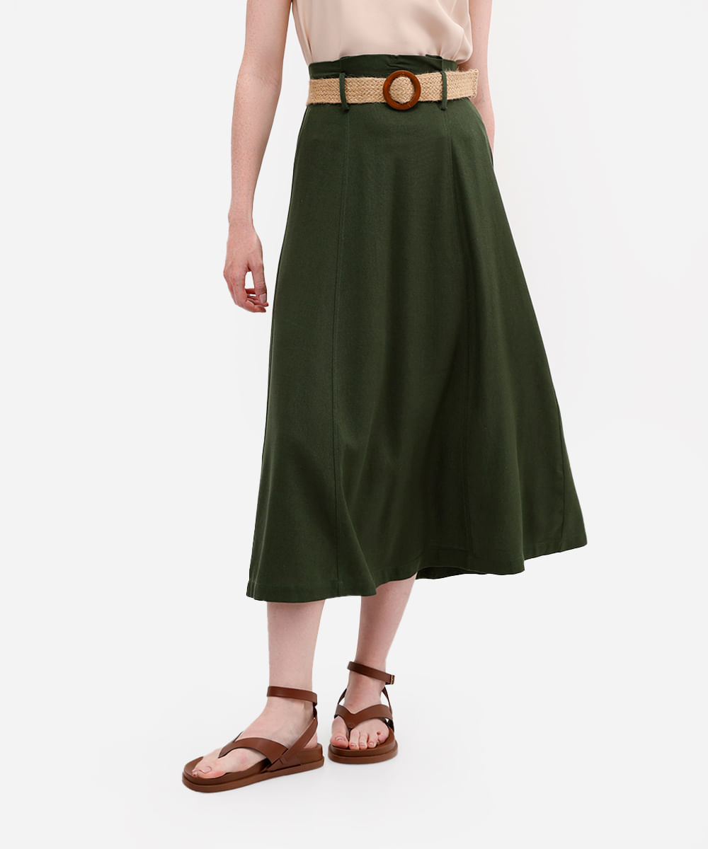 saia midi feminina com linho cintura alta verde