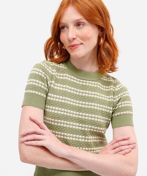 blusa feminina de tricot manga curta texturizada listrada verde