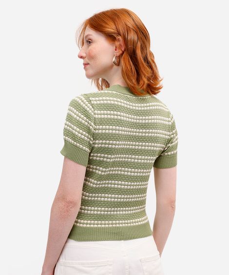 blusa feminina de tricot manga curta texturizada listrada verde