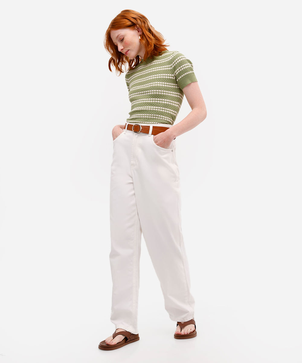 blusa feminina de tricot manga curta texturizada listrada verde