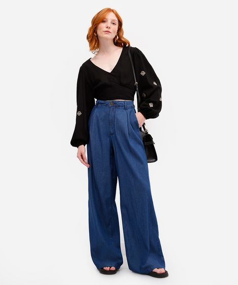 calça wide leg feminina jeans com pregas azul