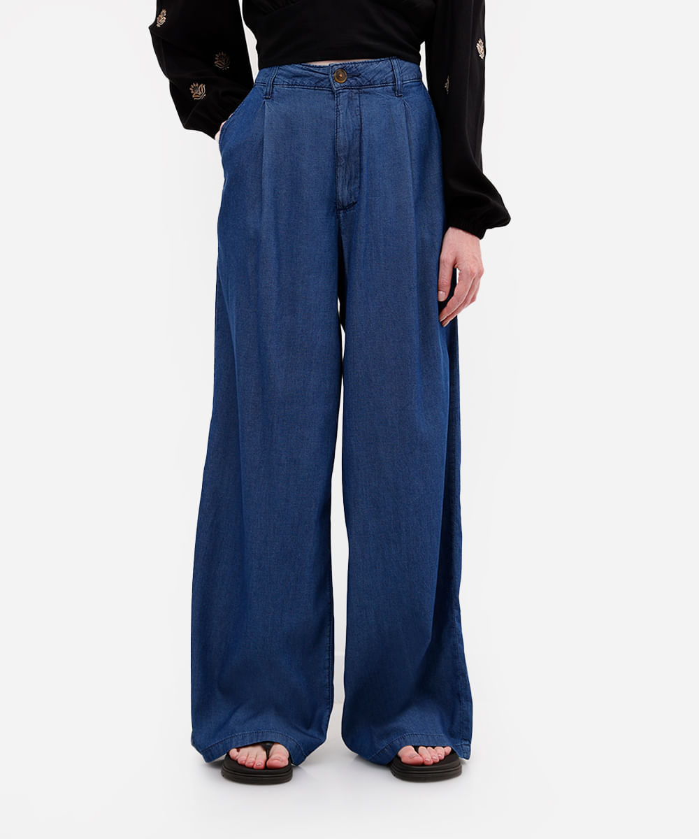 calça wide leg feminina jeans com pregas azul