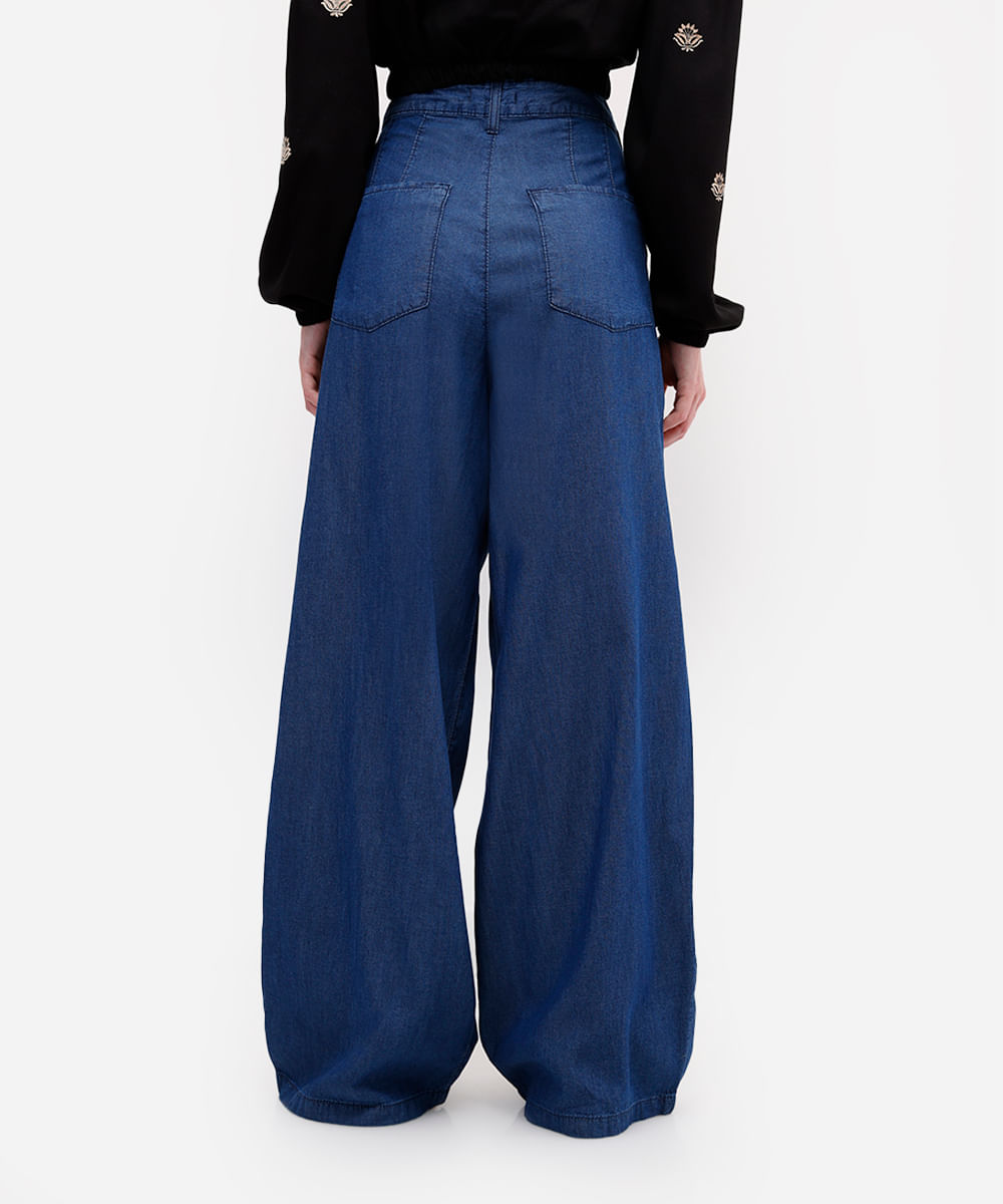 calça wide leg feminina jeans com pregas azul