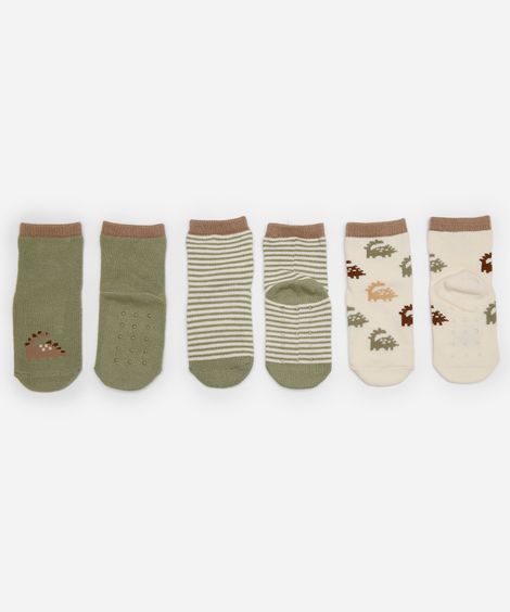 kit de 3 de meias infantis dino colorido
