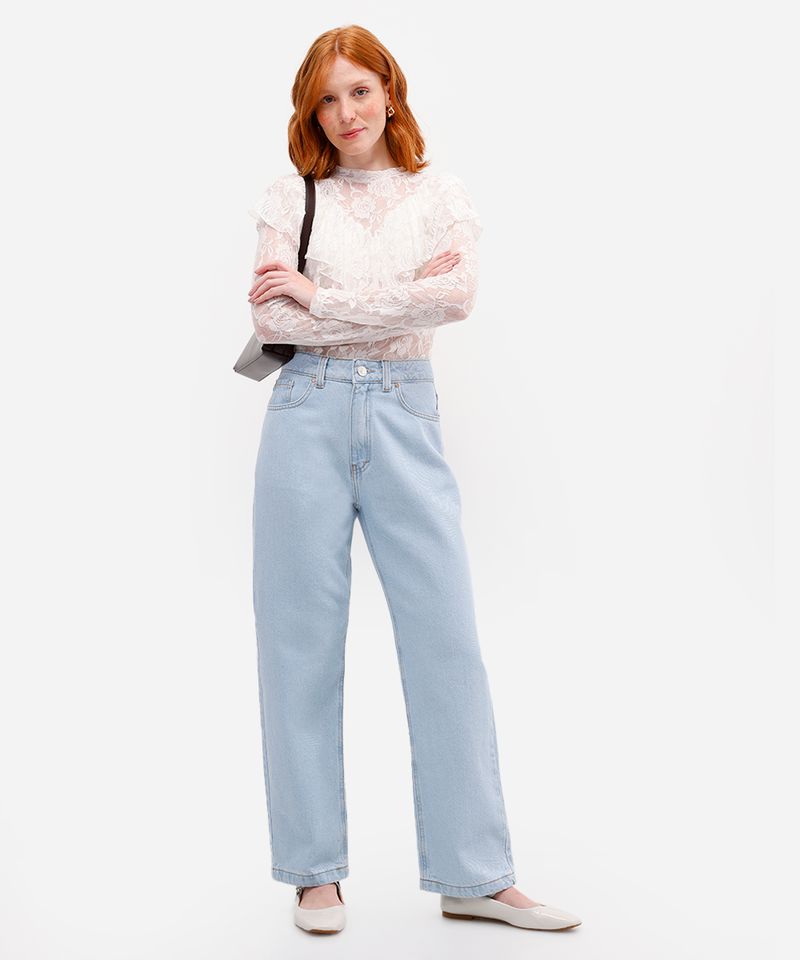 calça reta feminina jeans cintura alta azul