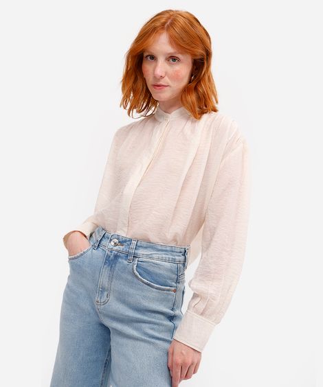 camisa feminina de viscose com pregas texturizada off white