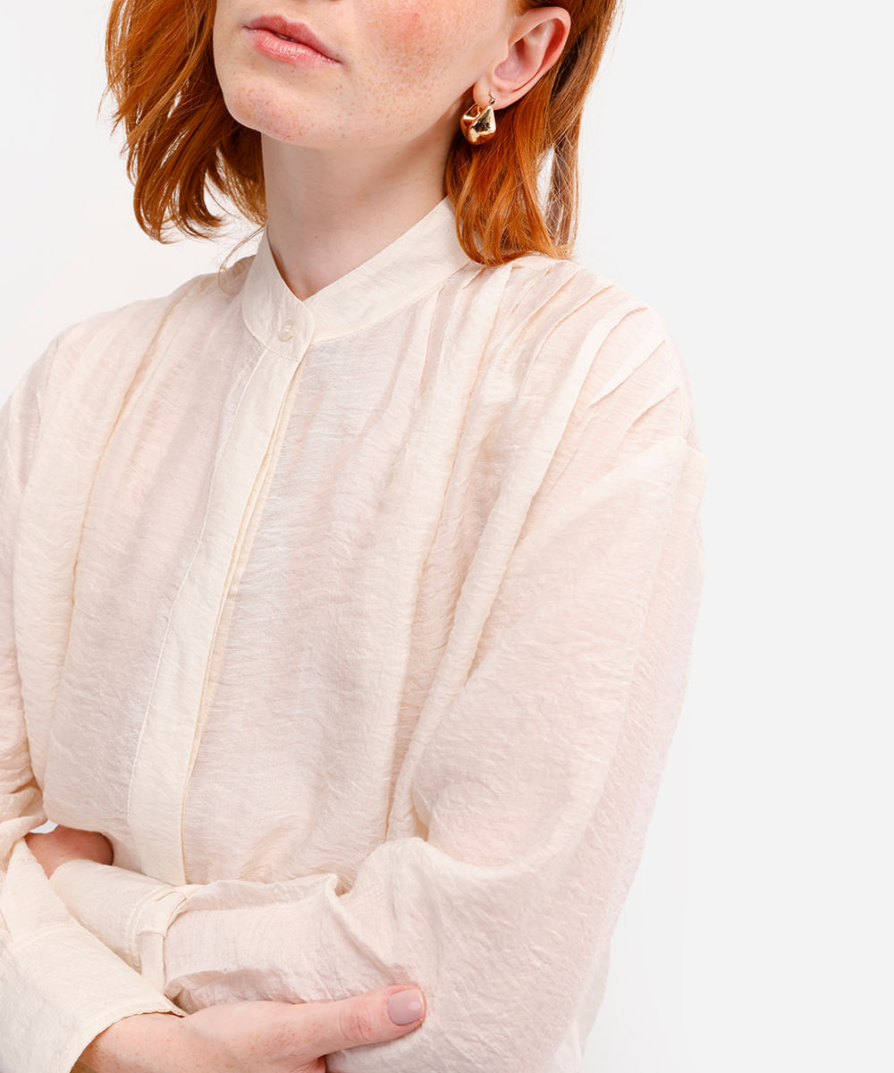 camisa feminina de viscose com pregas texturizada off white