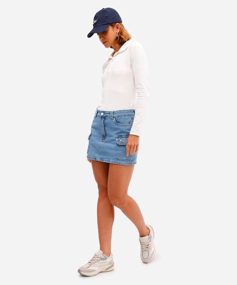 minissaia cargo feminina jeans cintura média azul