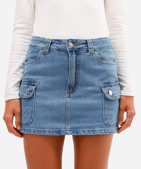 minissaia cargo feminina jeans cintura média azul
