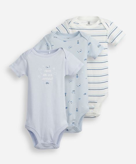 kit de 3 bodies infantis de algodão estampados coloridos