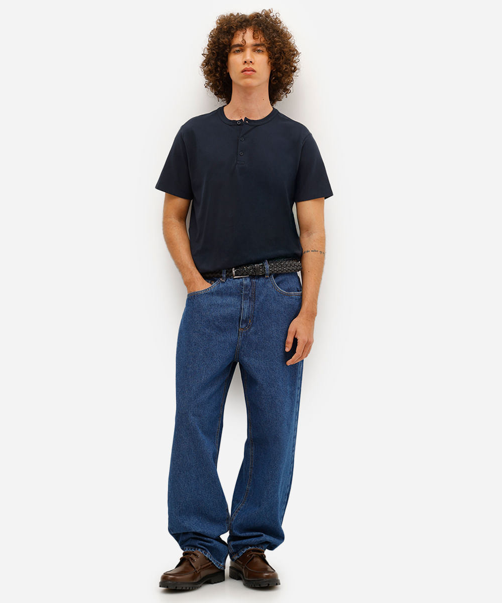 polo masculina gola padre com botão piquet azul