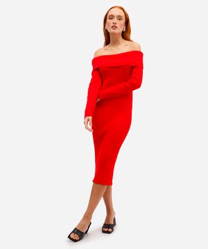 vestido ombro a ombro feminino de tricot canelado vermelho