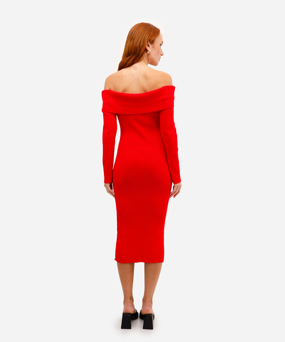 vestido ombro a ombro feminino de tricot canelado vermelho