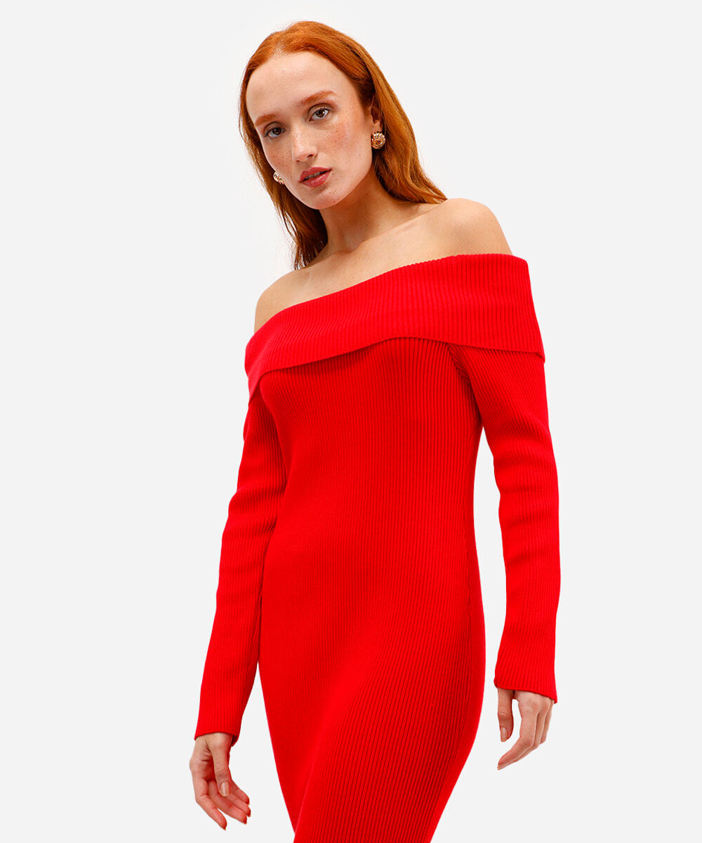 vestido ombro a ombro feminino de tricot canelado vermelho