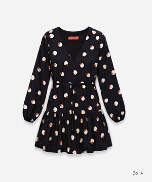 vestido curto feminino de viscose poá com babado preto