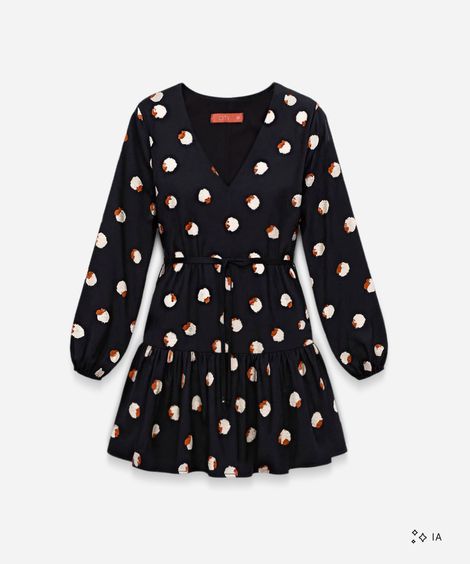 vestido curto feminino de viscose poá com babado preto