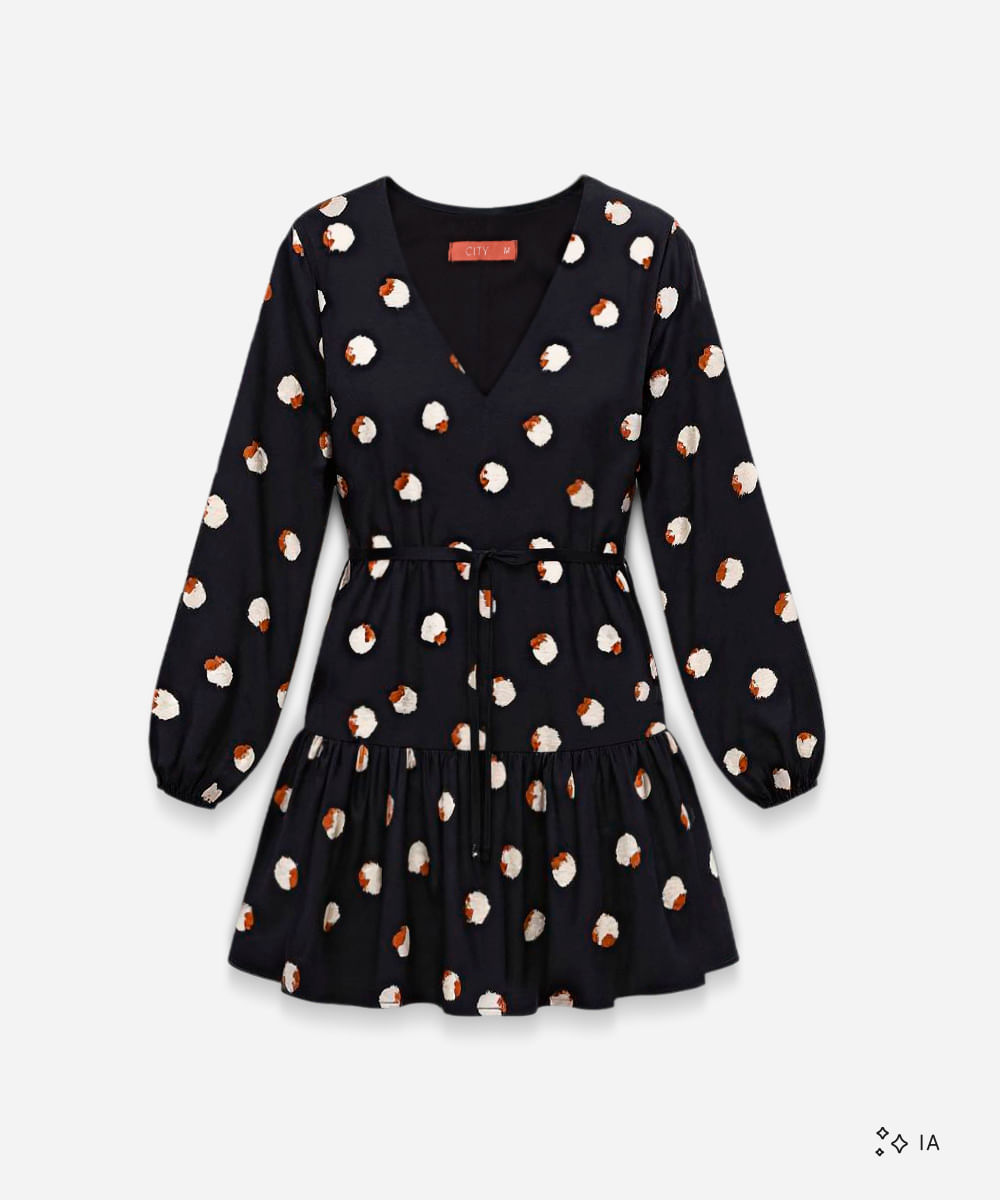 vestido curto feminino de viscose poá com babado preto