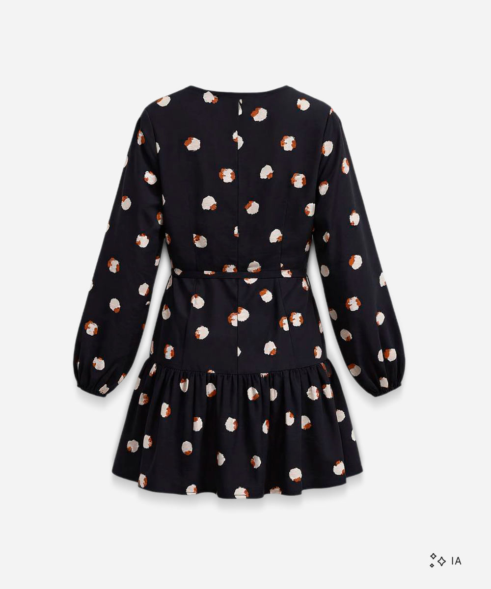vestido curto feminino de viscose poá com babado preto