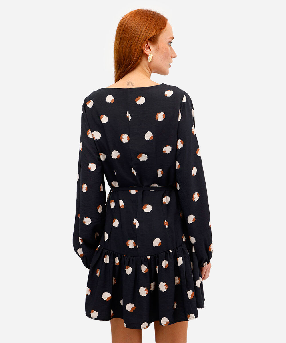 vestido curto feminino de viscose poá com babado preto