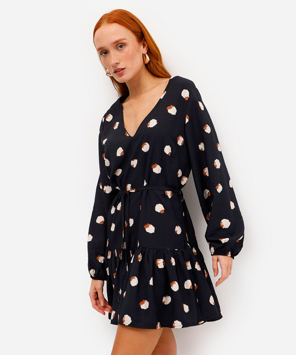 vestido curto feminino de viscose poá com babado preto