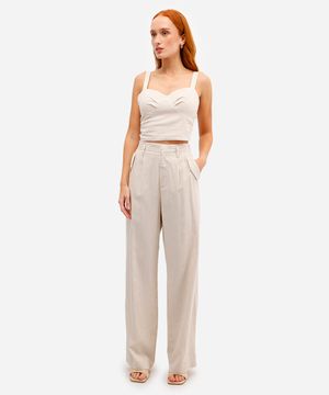 calça wide leg feminina com linho bege