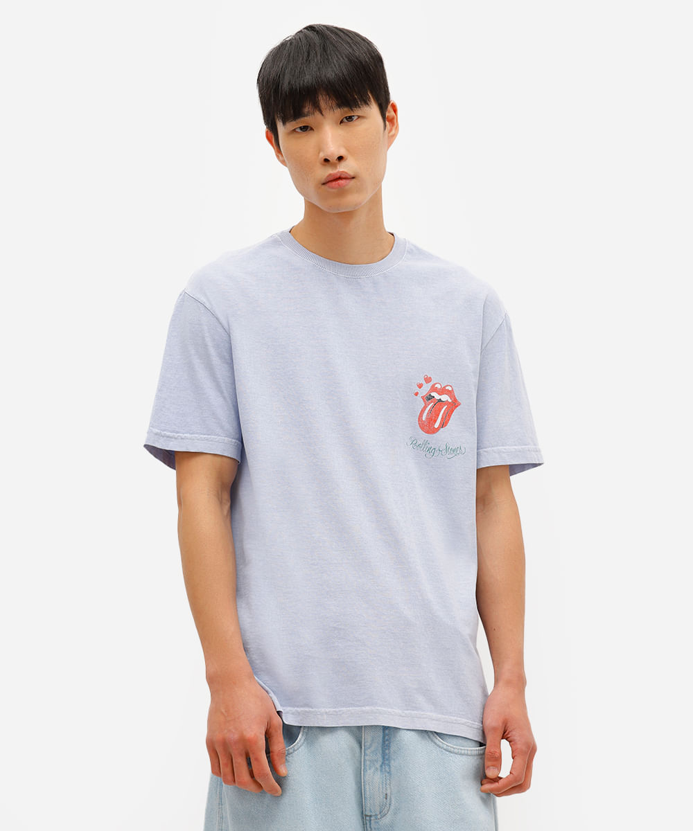 camiseta masculina de algodão rolling stones estonada azul