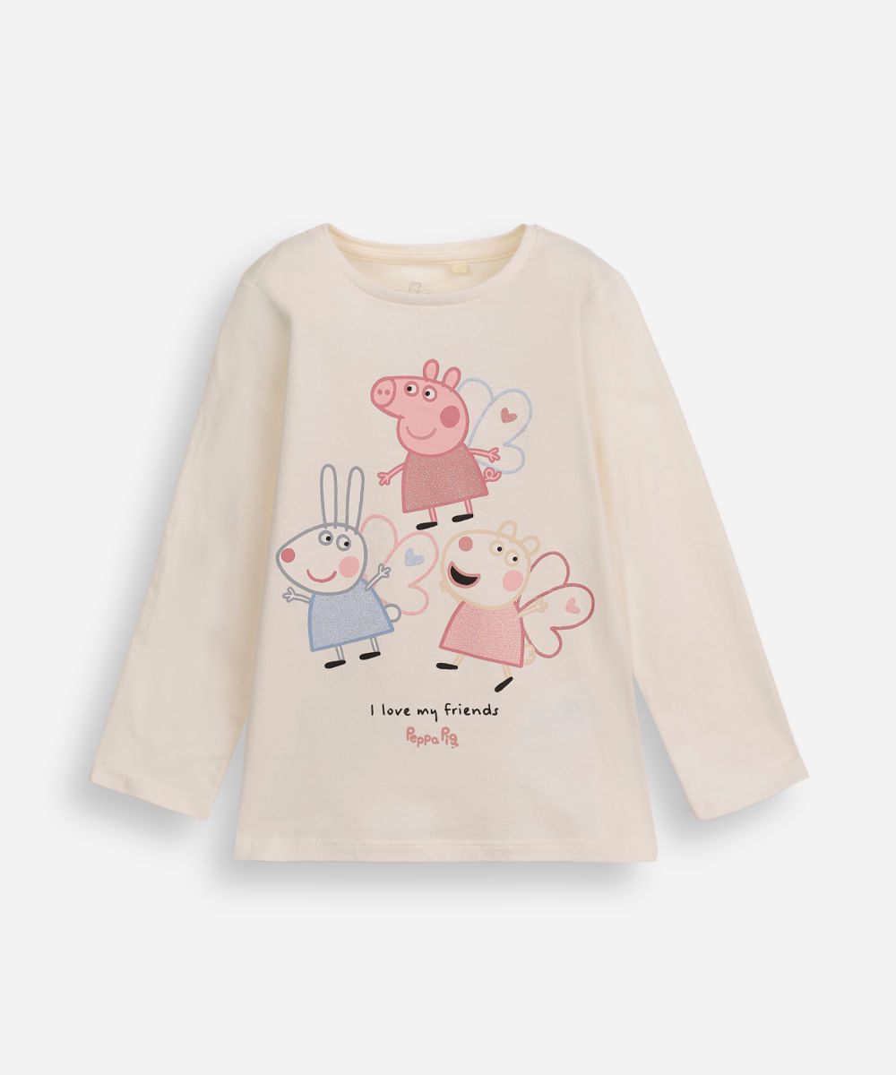 blusa infantil de algodão peppa pig com glitter bege